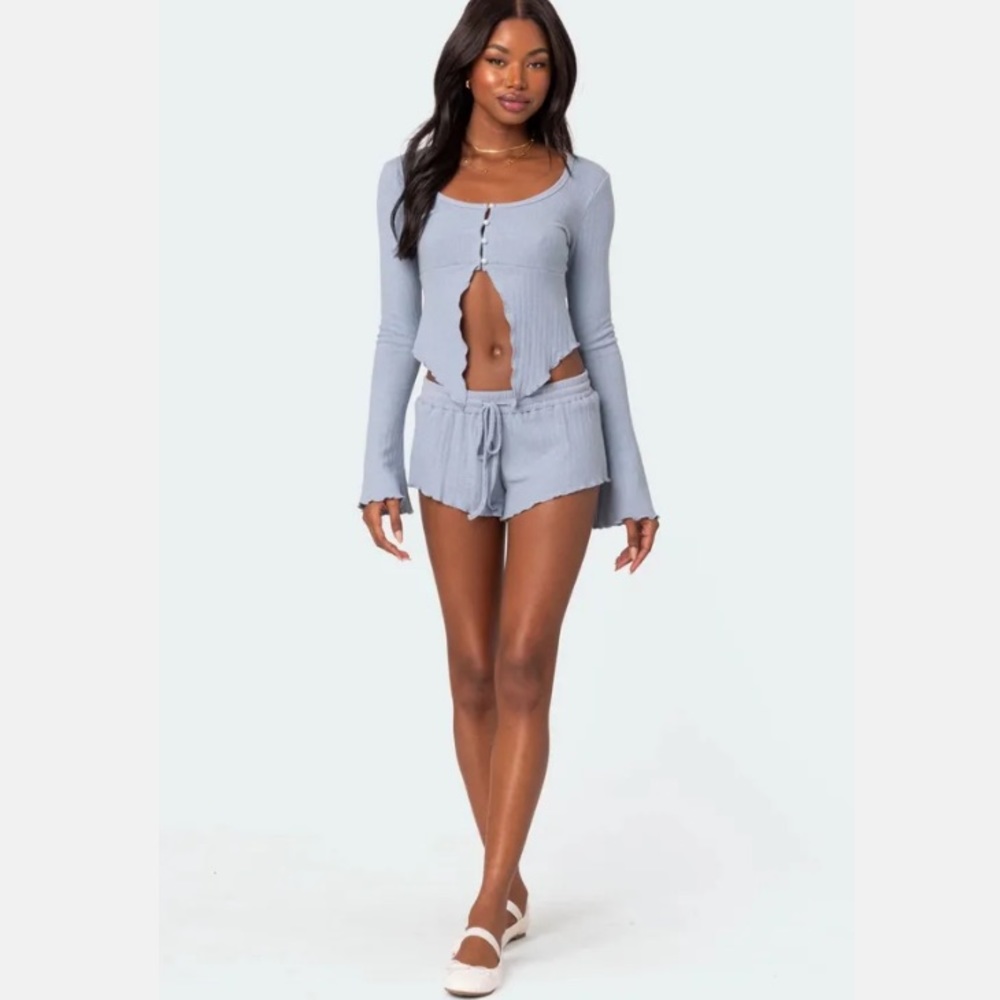 Edikted Light Blue Ribbed Button-Up Top